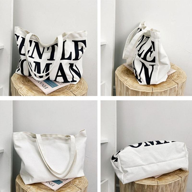 Black Women Canvas Shoulder Tote Printed Letters