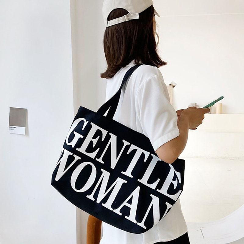 Black Women Canvas Shoulder Tote Printed Letters