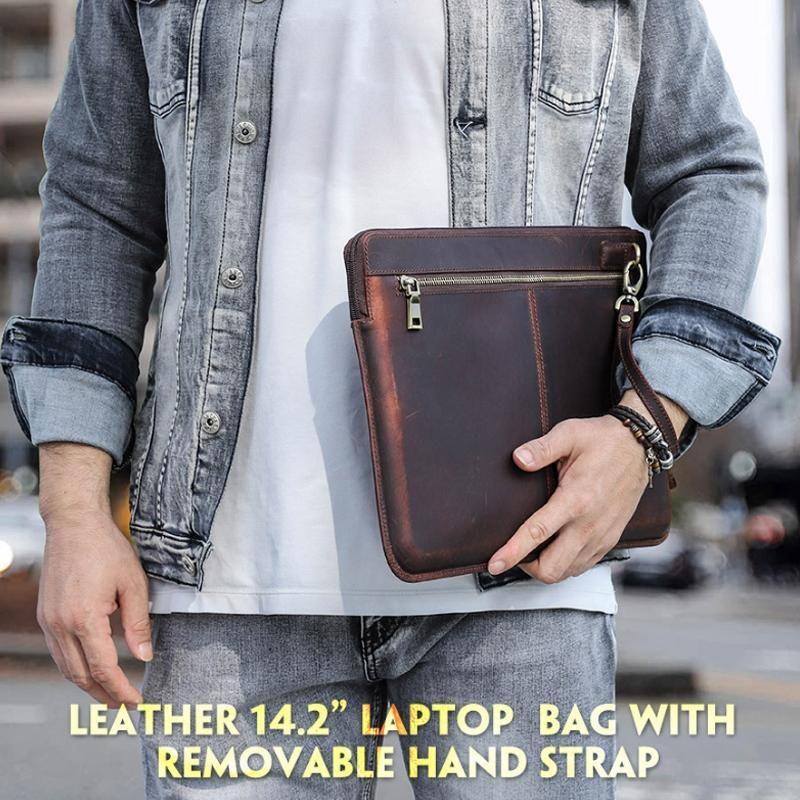 14.2 Inch Leather Laptop Sleeve For Macbook Pro - Black - Coffee