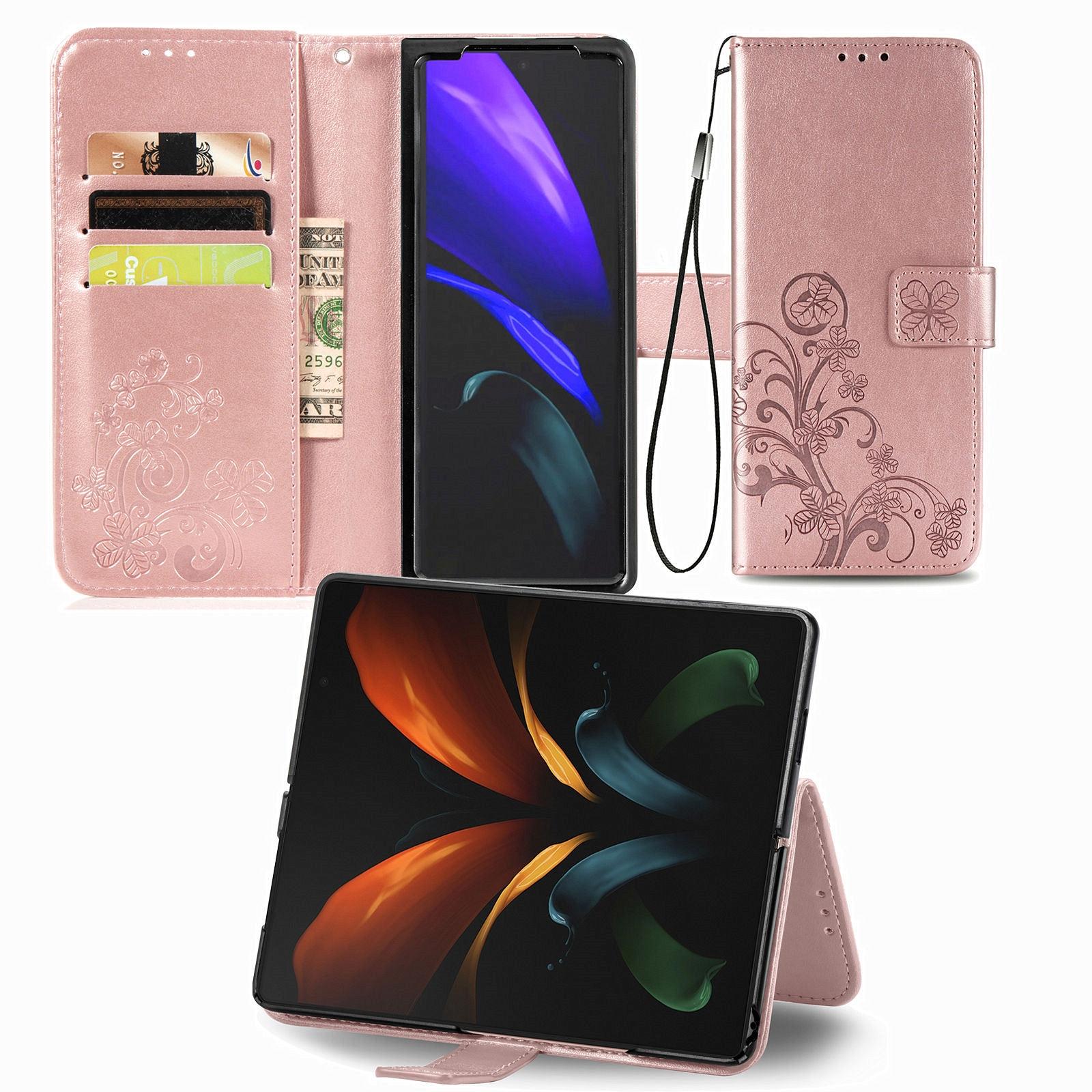 For Samsung Galaxy Z Fold4 5G Embossed Leather Phone Case With Four Leaf Clasp - Rose Gold