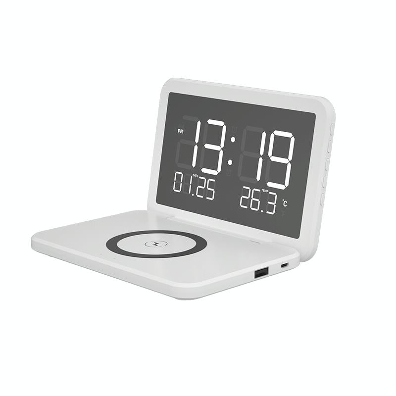 Foldable Desk Calendar Clock With Wireless Charger &amp; Alarm - White