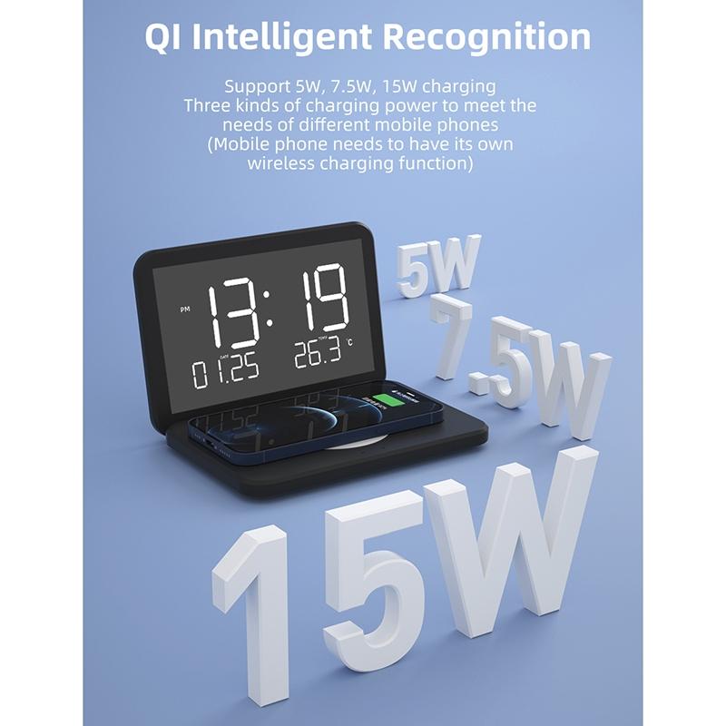 Foldable Desk Calendar Clock With Wireless Charger & Alarm - White