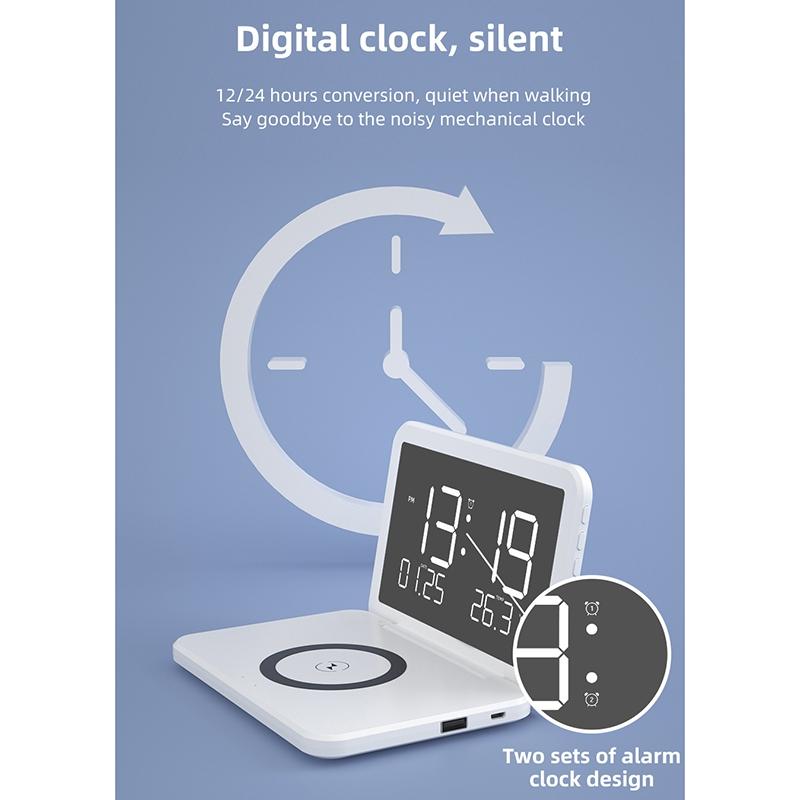 Foldable Desk Calendar Clock With Wireless Charger & Alarm - White