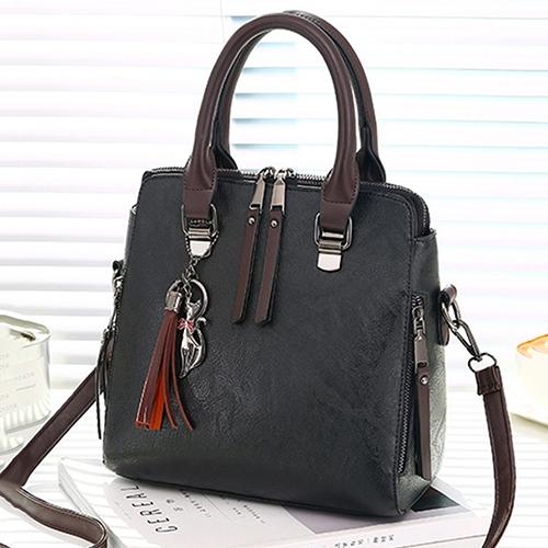 Designer Leather Crossbody Tote with Tassel for Women - Black