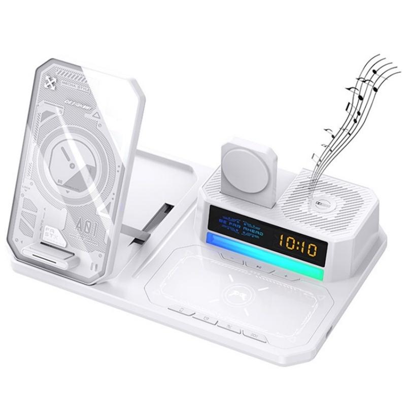 5 In 1 Magnetic Wireless Charger Stand With Clock &amp; Speaker - White