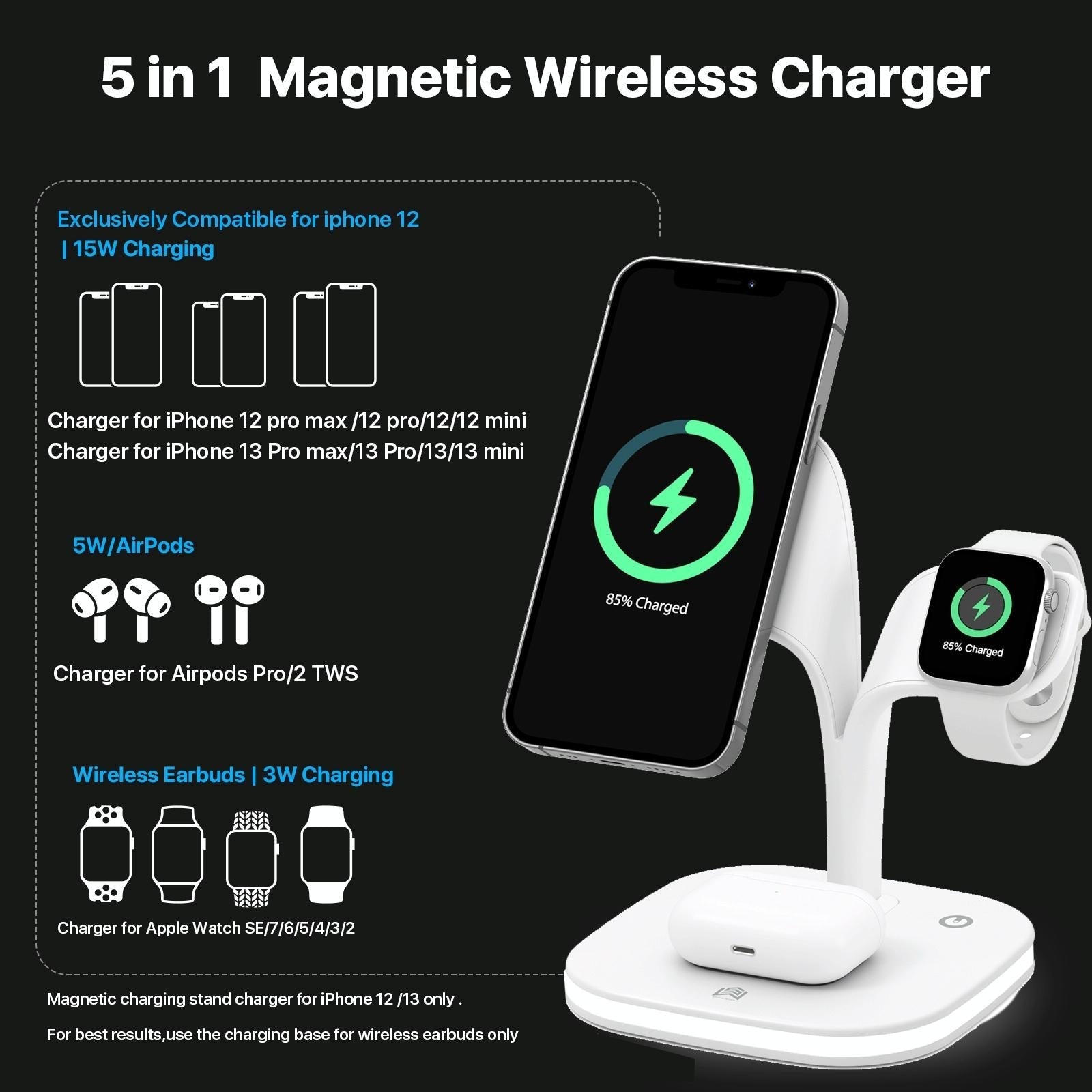 15W 5 In 1 Magnetic Wireless Charger With Stand - White