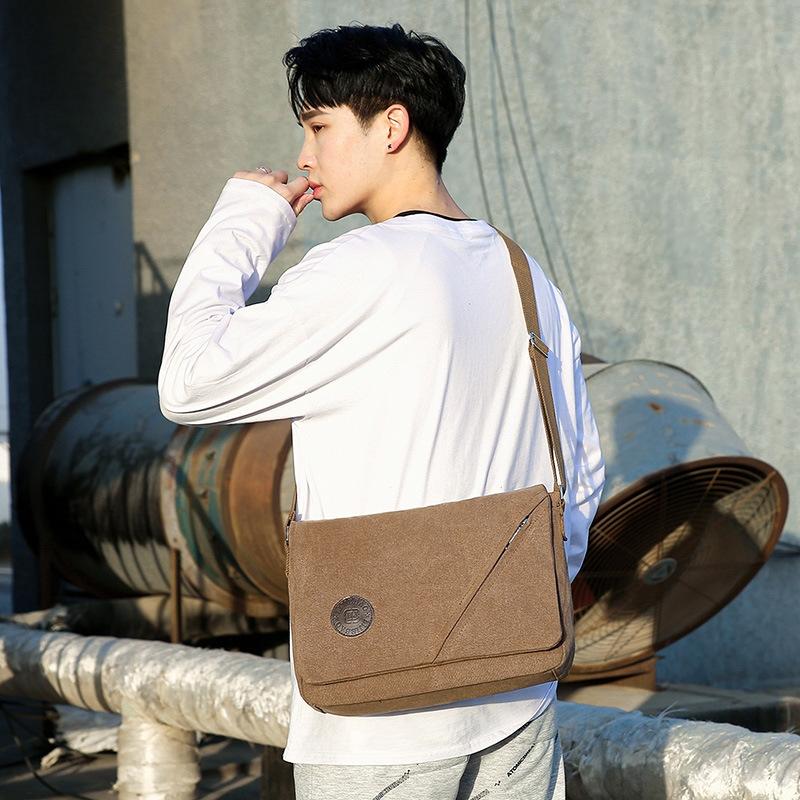 Simple Canvas Shoulder Bag For Men Casual Messenger Schoolbag - Coffee
