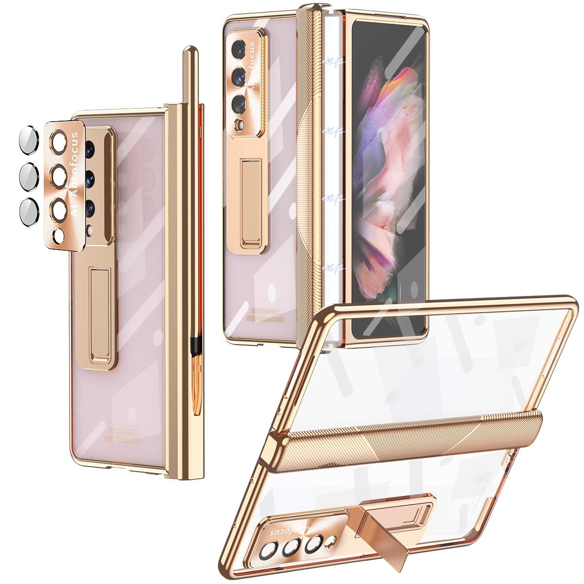 For Samsung Galaxy Z Fold4 5G Magnetic Phone Case With Holder - Plating Finish - Rose Gold
