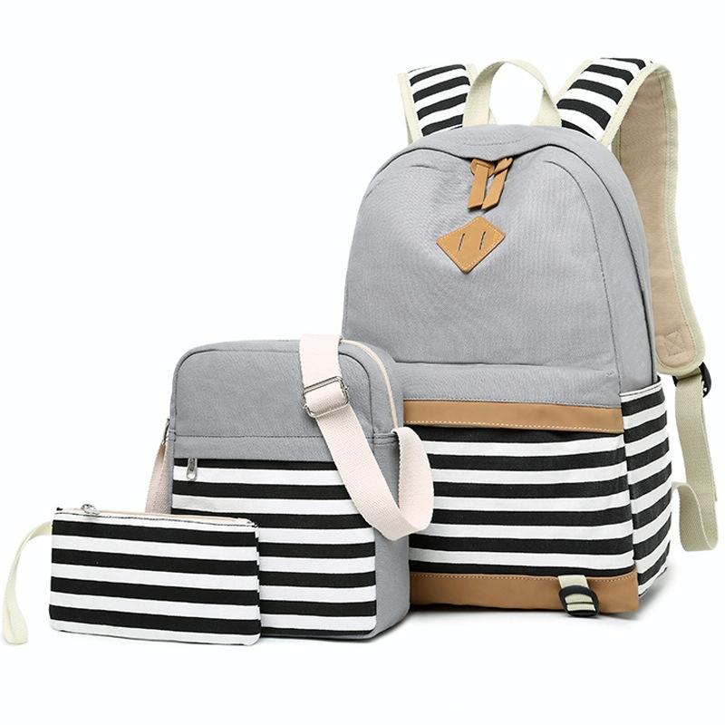 Printed Canvas Backpack Set - 3 Pieces - Black
