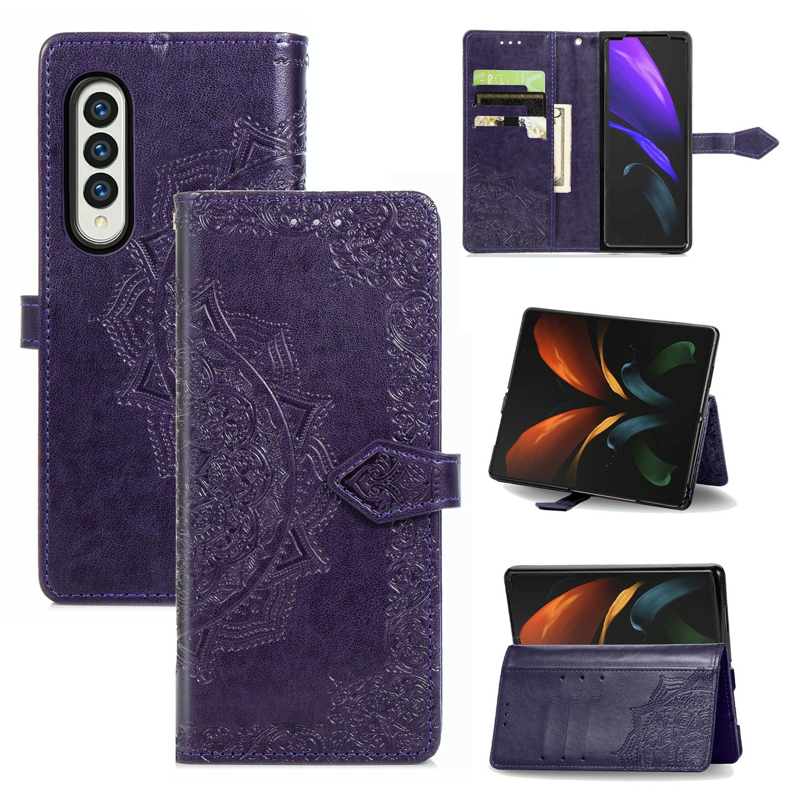 For Samsung Galaxy Z Fold4 5G Embossed Mandala Leather Phone Case - Blue