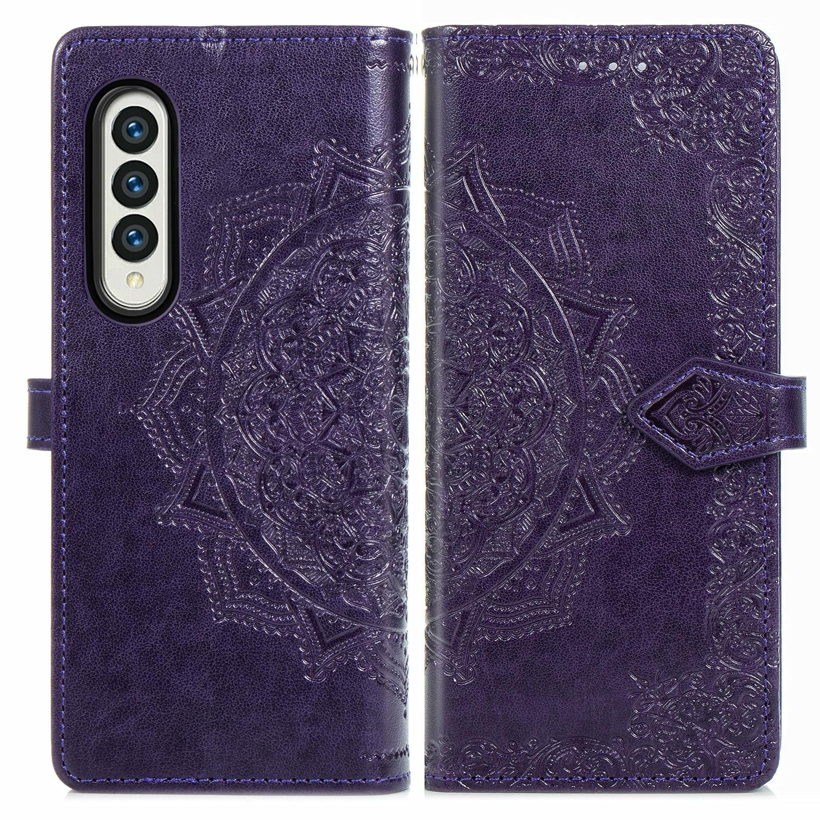 For Samsung Galaxy Z Fold4 5G Embossed Mandala Leather Phone Case - Blue