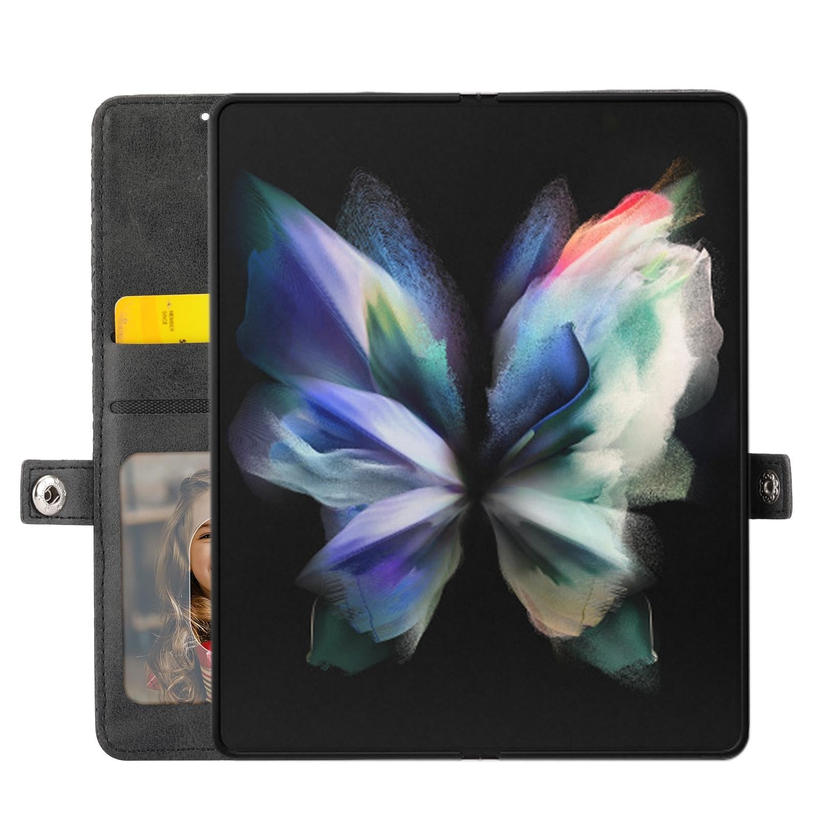 For Samsung Galaxy Z Fold4 5G Leather Grid Texture Phone Case With Lanyard - Red