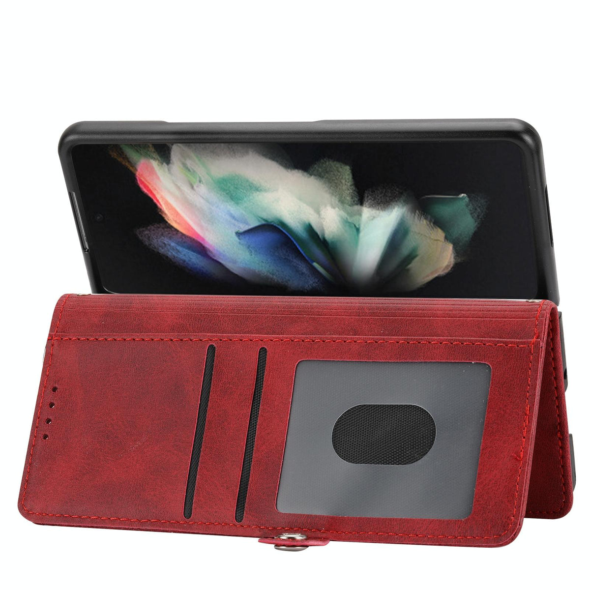 For Samsung Galaxy Z Fold4 5G Leather Grid Texture Phone Case With Lanyard - Red