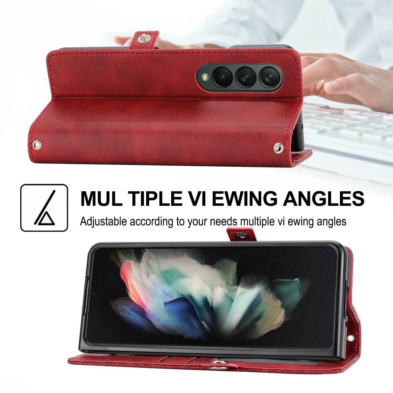 For Samsung Galaxy Z Fold4 5G Leather Grid Texture Phone Case With Lanyard - Red