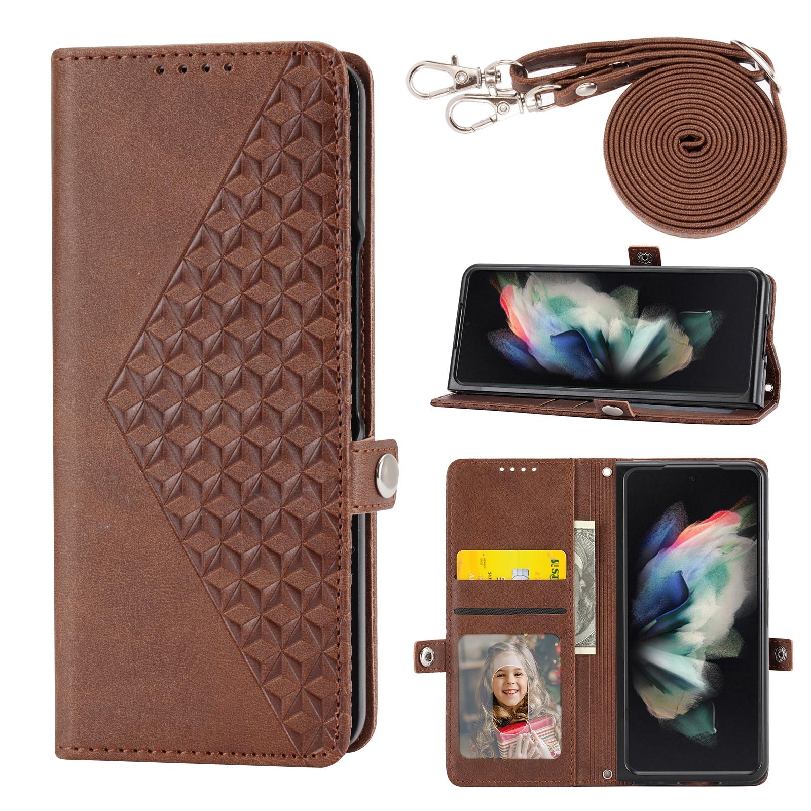 For Samsung Galaxy Z Fold4 5G Leather Grid Texture Phone Case With Lanyard - Red