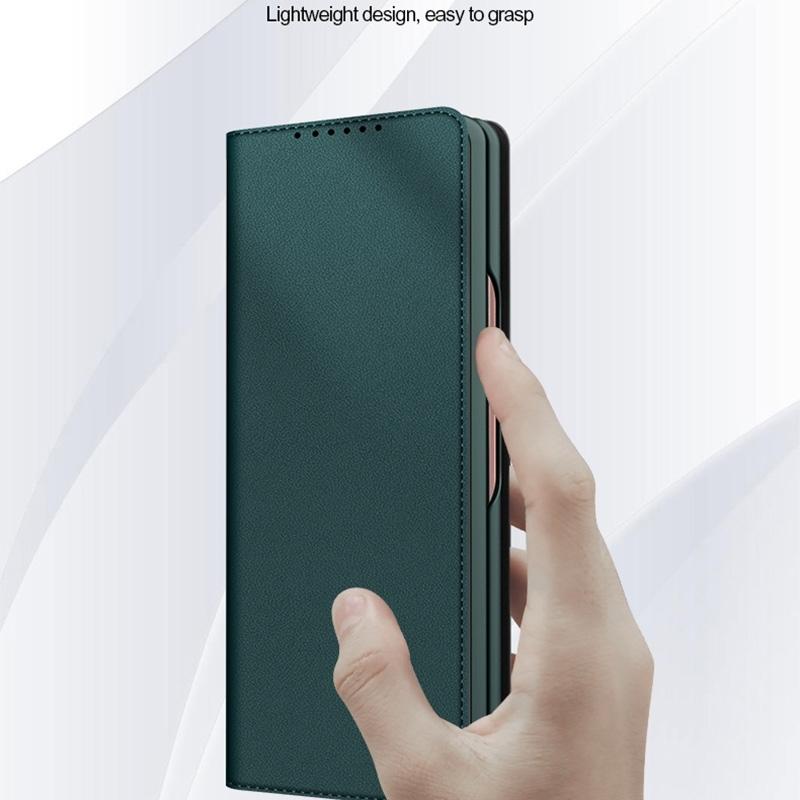 For Samsung Galaxy Z Fold4 5G Foldable Leather Phone Case - Horizontal Flip - Plain Green