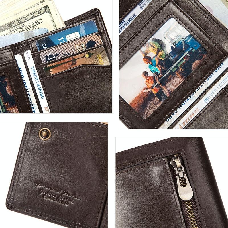 Rfid-blocking Leather Men Wallet with Multi-card Slots and Zipper Coin Pocket - Dark Brown