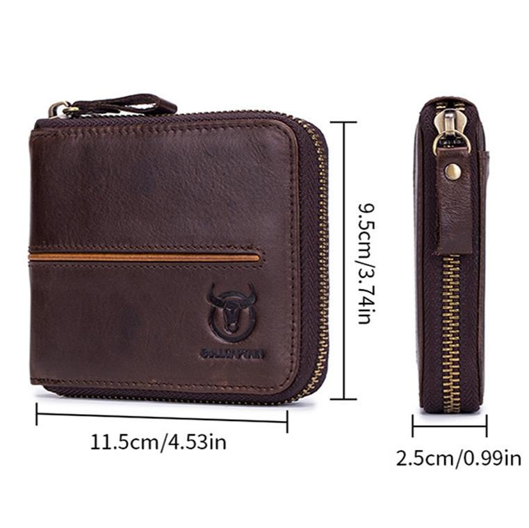 Zippered Cowhide Card Holder with Rfid Protection - Coffee