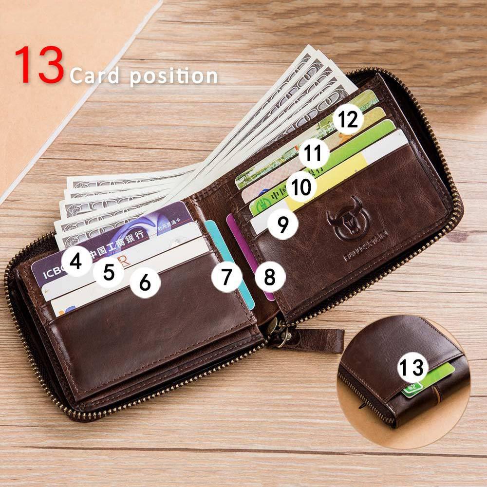 Zippered Cowhide Card Holder with Rfid Protection - Coffee