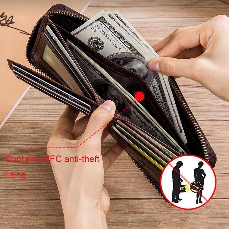 Zippered Cowhide Card Holder with Rfid Protection - Coffee