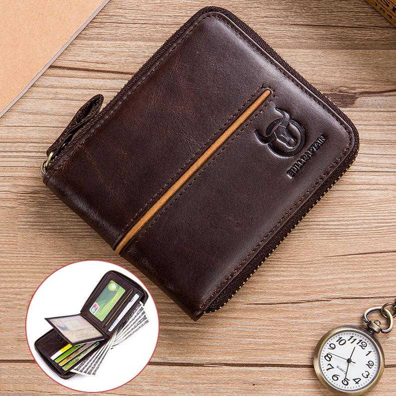 Zippered Cowhide Card Holder with Rfid Protection - Coffee