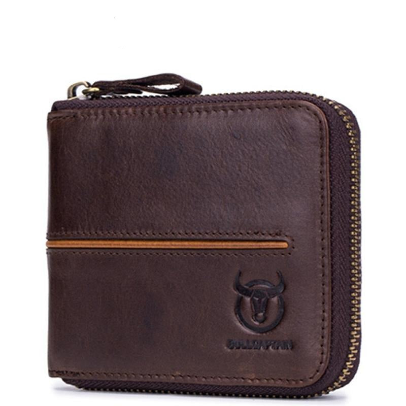 Zippered Cowhide Card Holder with Rfid Protection - Coffee