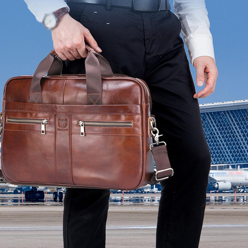 Large Capacity Retro Cowhide Briefcase - Coffee