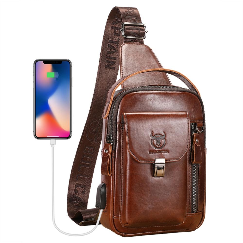 Large Retro Cowhide Crossbody Bag With Usb Port - Coffee