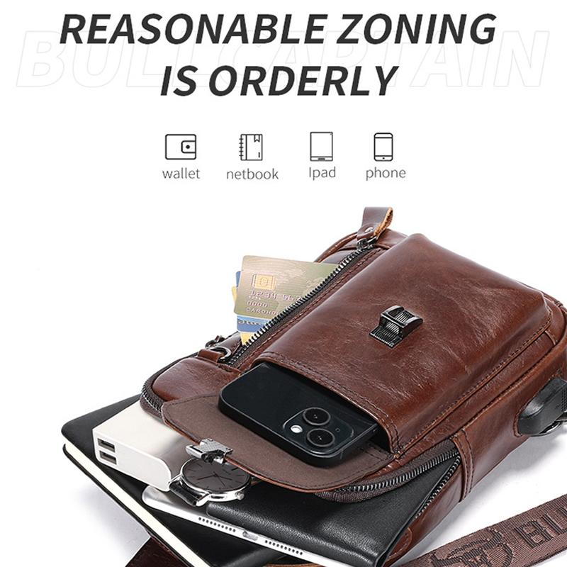 Large Retro Cowhide Crossbody Bag With Usb Port - Coffee