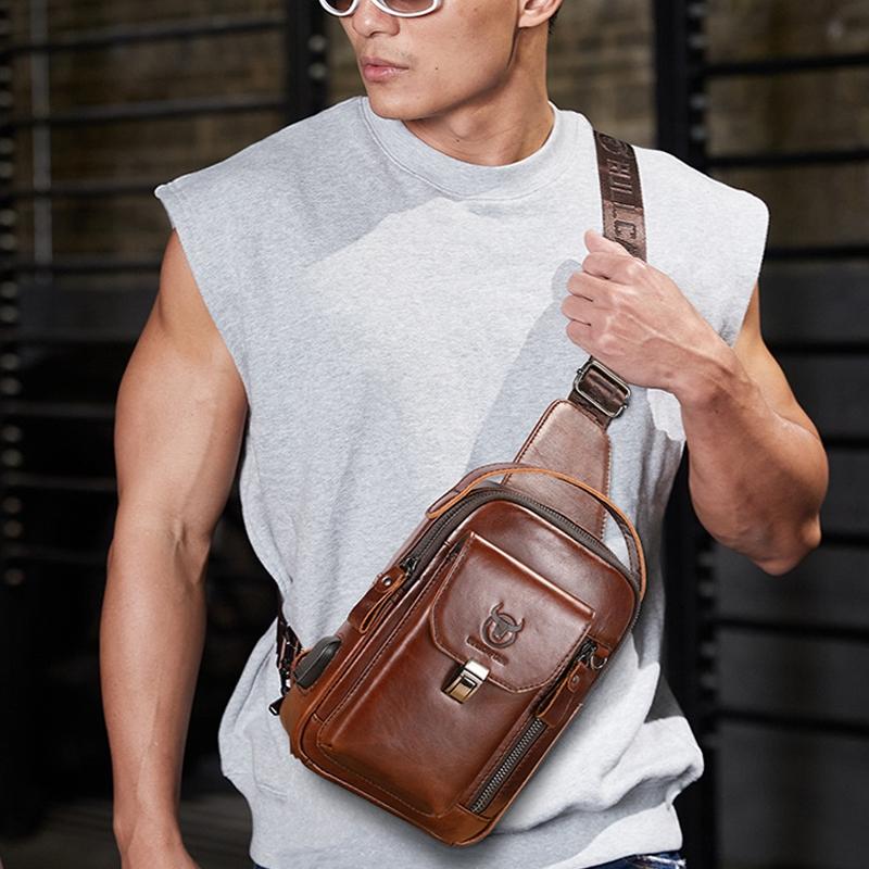 Large Retro Cowhide Crossbody Bag With Usb Port - Coffee