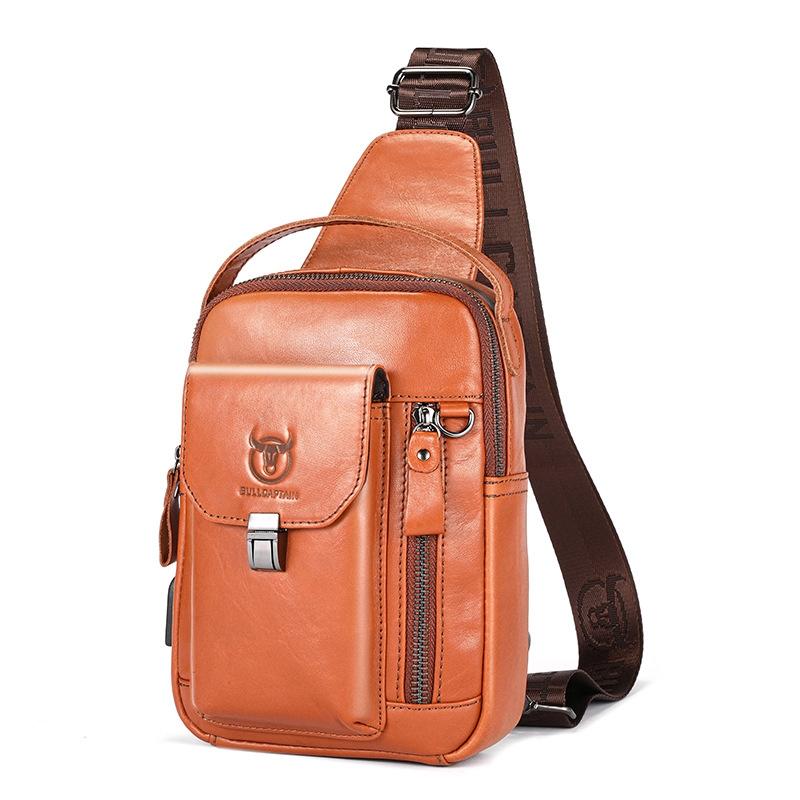 Large Retro Cowhide Crossbody Bag With Usb Port - Coffee