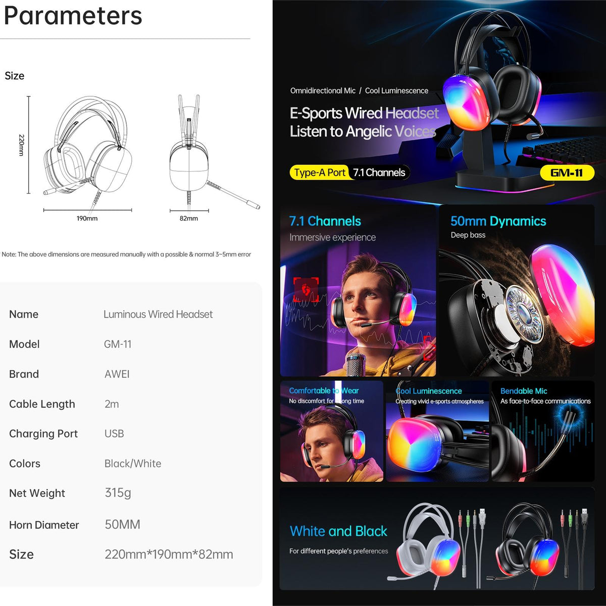 2M Luminous Wired Headphones Awei Gm-11 - White