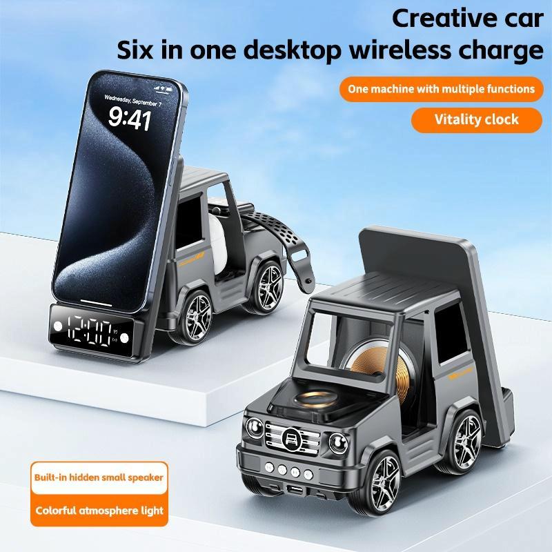 6 In 1 Car Shape Speaker With Clock & Wireless Charger - Orange