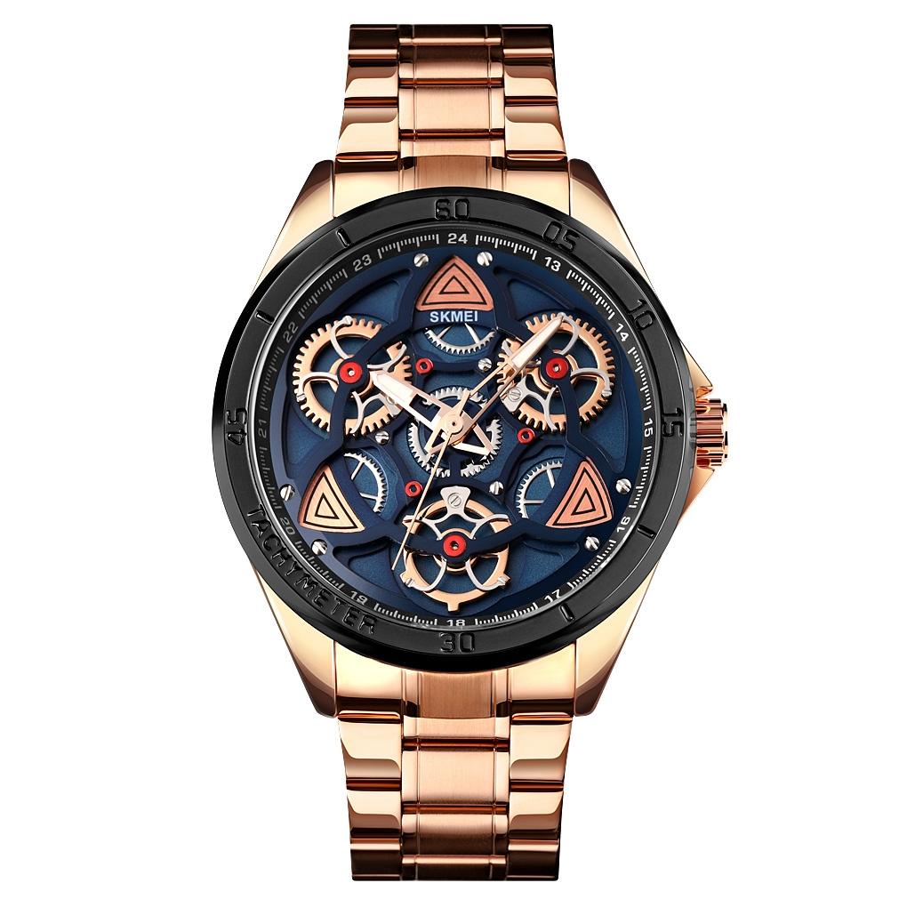 Waterproof Men Quartz Watch with Rotatable Gear Dial - Rose Gold Shell Blue Surface