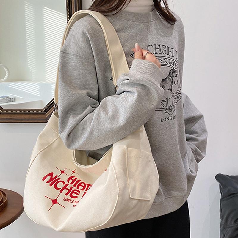 Printed Letter Canvas Tote For Women Spacious & Casual - Khaki