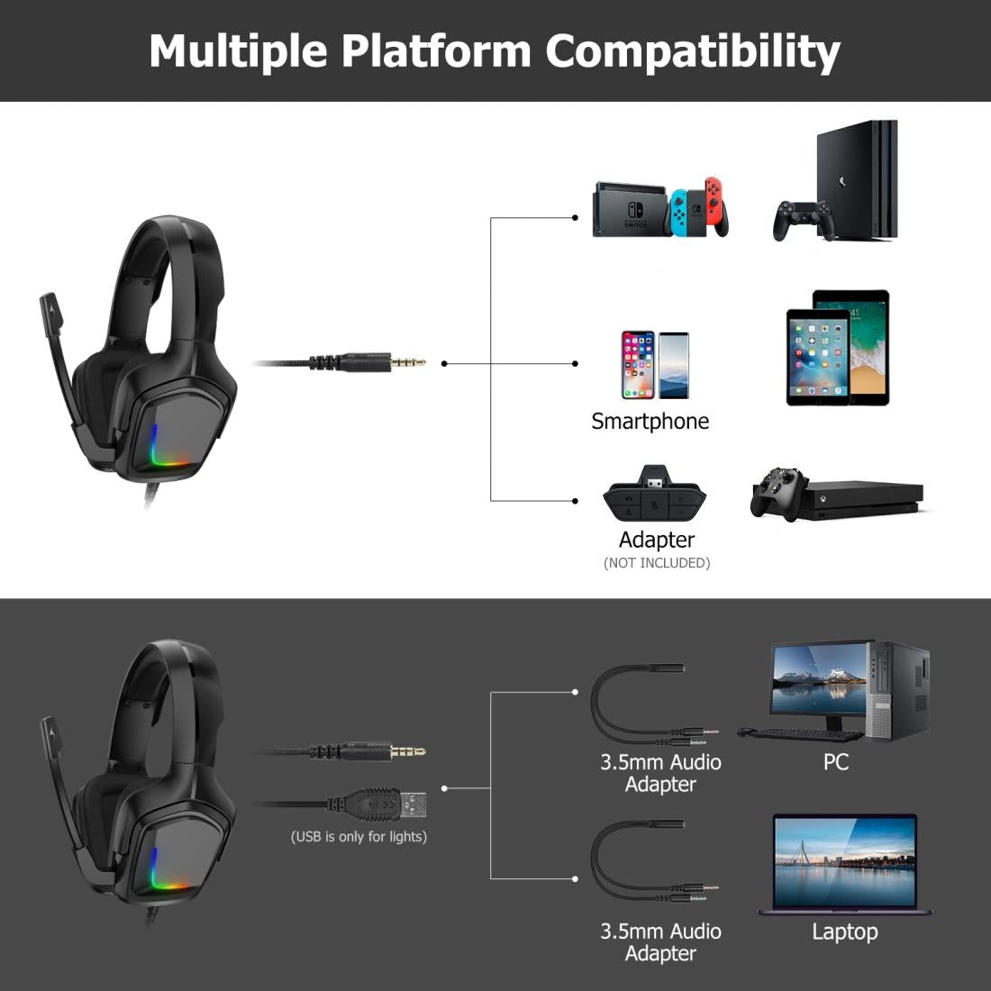 Rgb Gaming Headset With Mic For Xbox / Laptop Black
