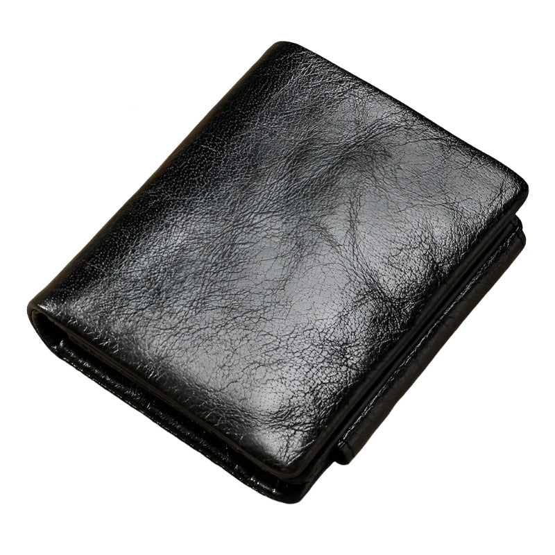 Multi-Functional Oil Wax Leather Rfid Wallet - Black