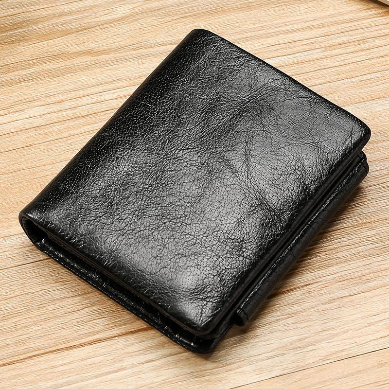 Multi-Functional Oil Wax Leather Rfid Wallet - Black