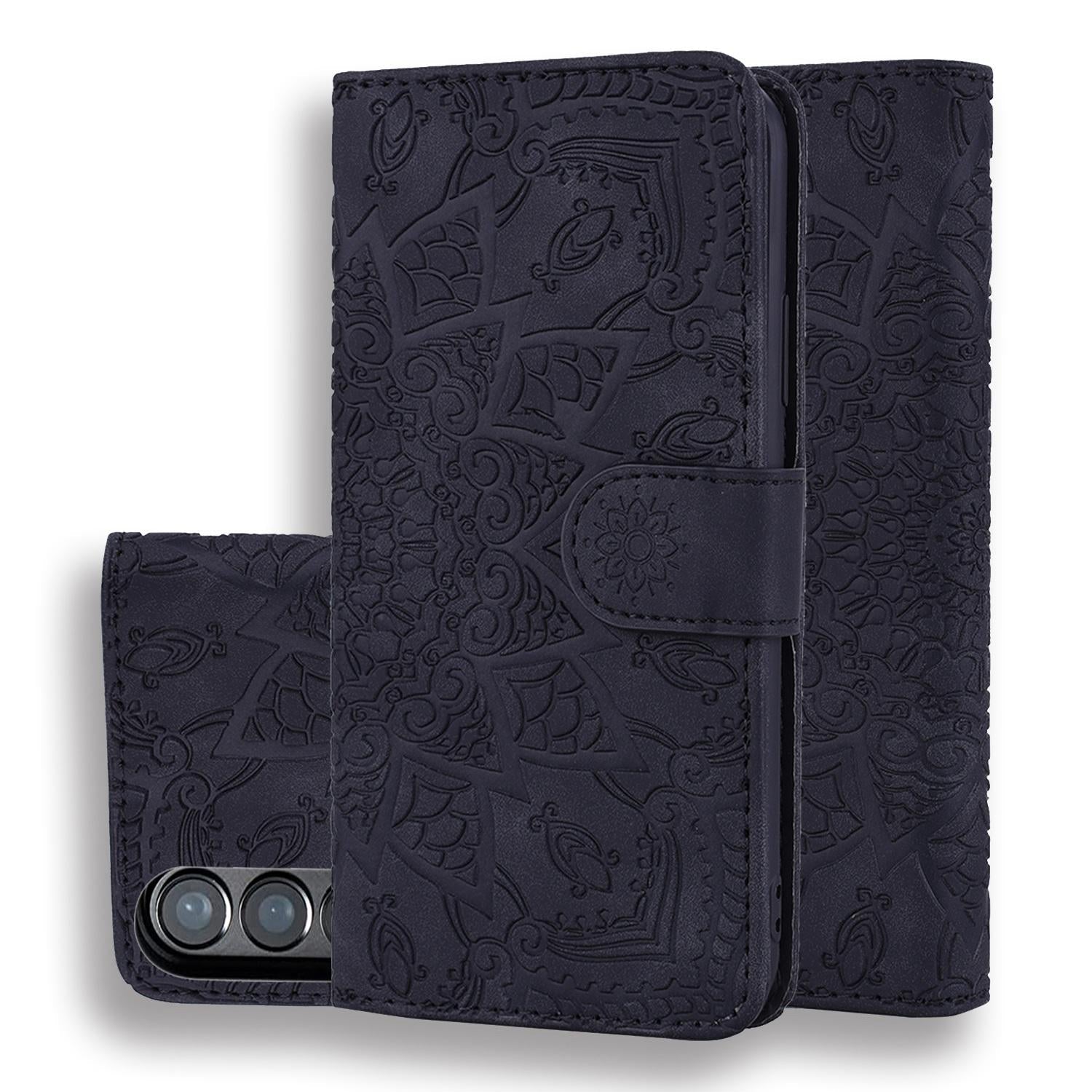 For Samsung Galaxy Z Fold4 5G Dual Fold Mandala Leather Case - Embossed Design - Black