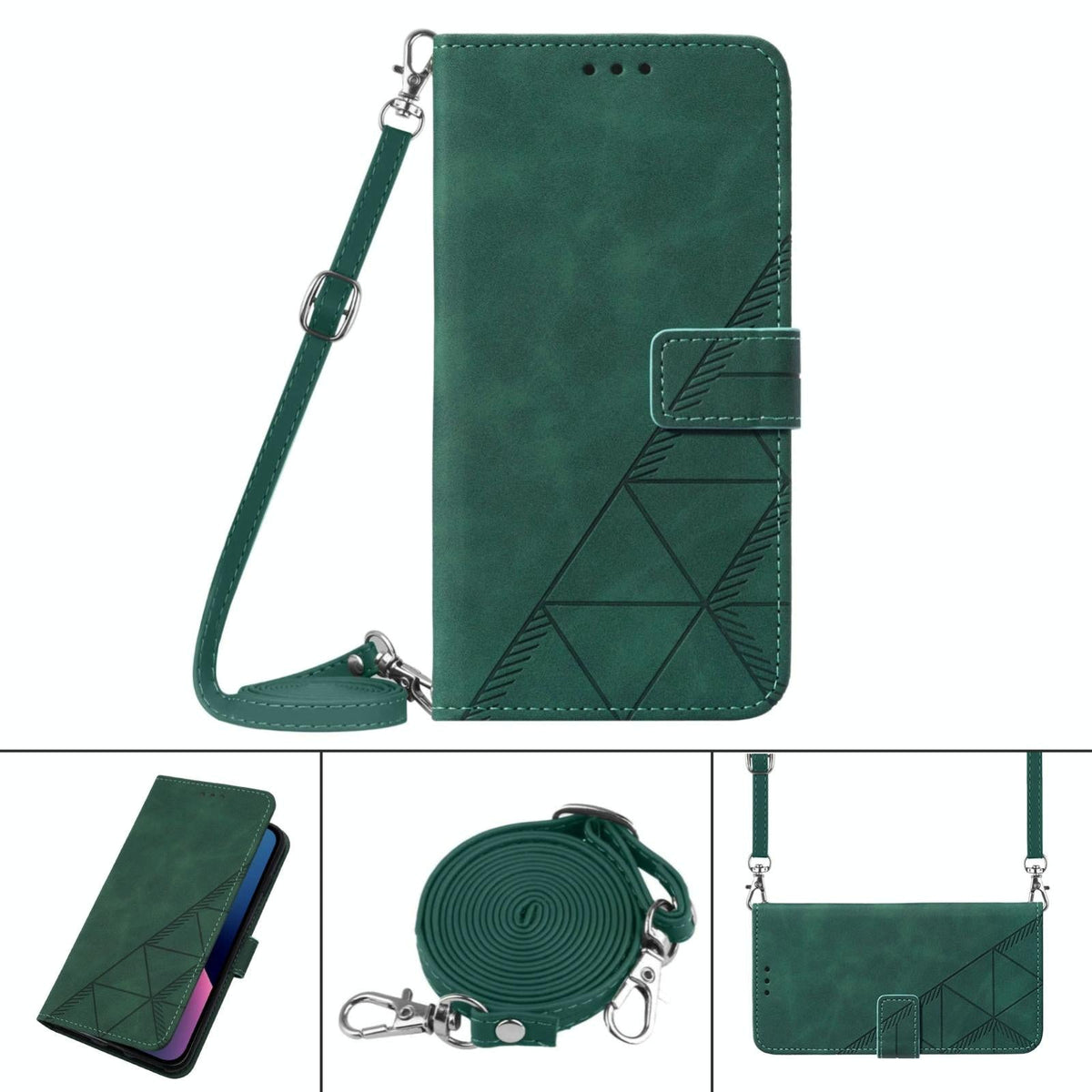 For Samsung Galaxy z Fold4 5G Embossed Leather Flip Crossbody Phone Case - 3d Design - Dark Green
