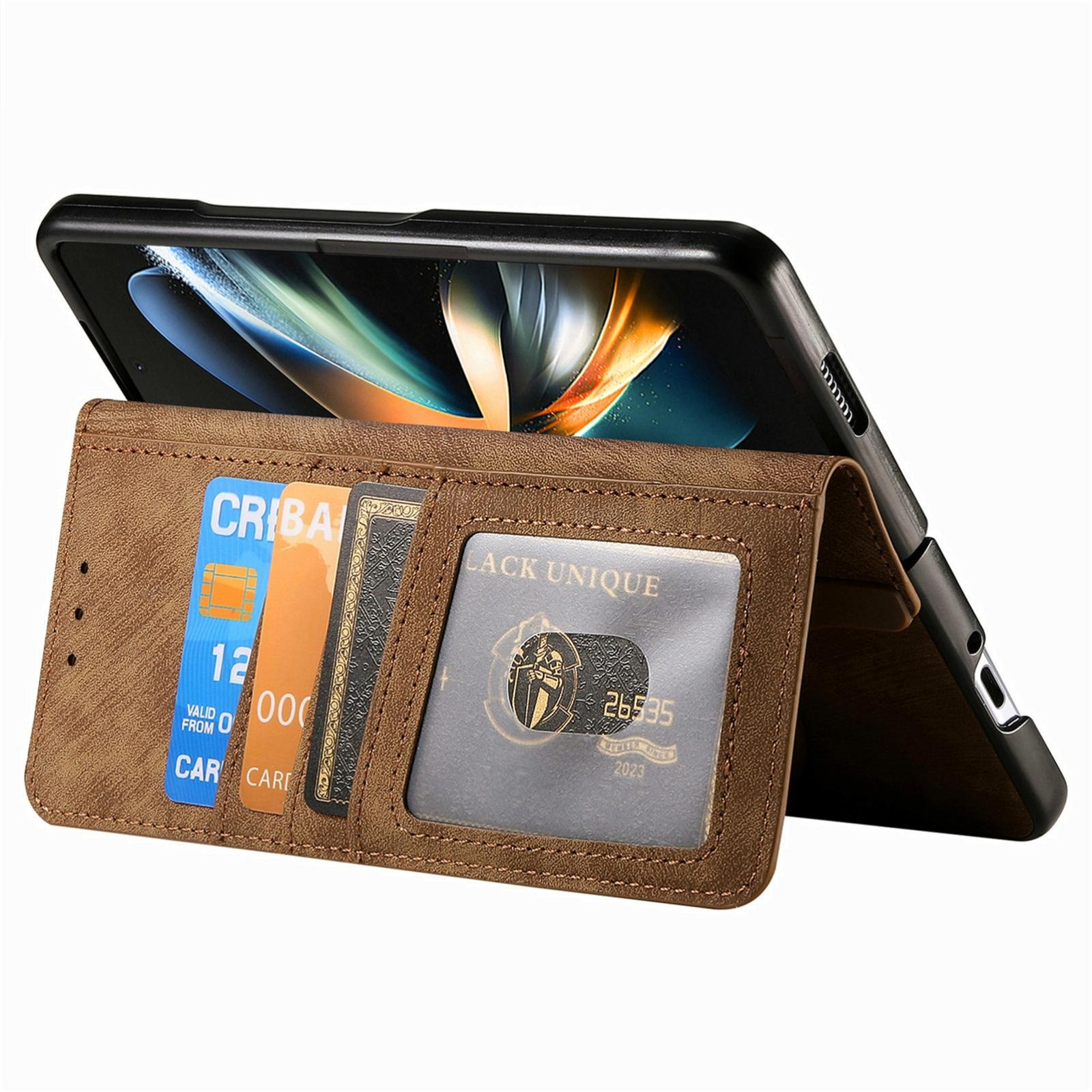 For Samsung Galaxy Z Fold4 5G Vintage Magnetic Wallet Case - Zipper Closure - Brown