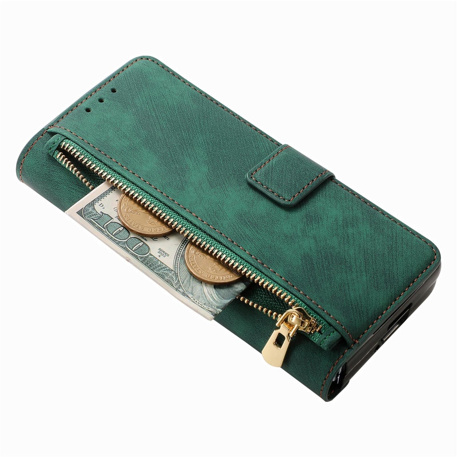 For Samsung Galaxy Z Fold4 5G Vintage Magnetic Wallet Case - Zipper Closure - Brown