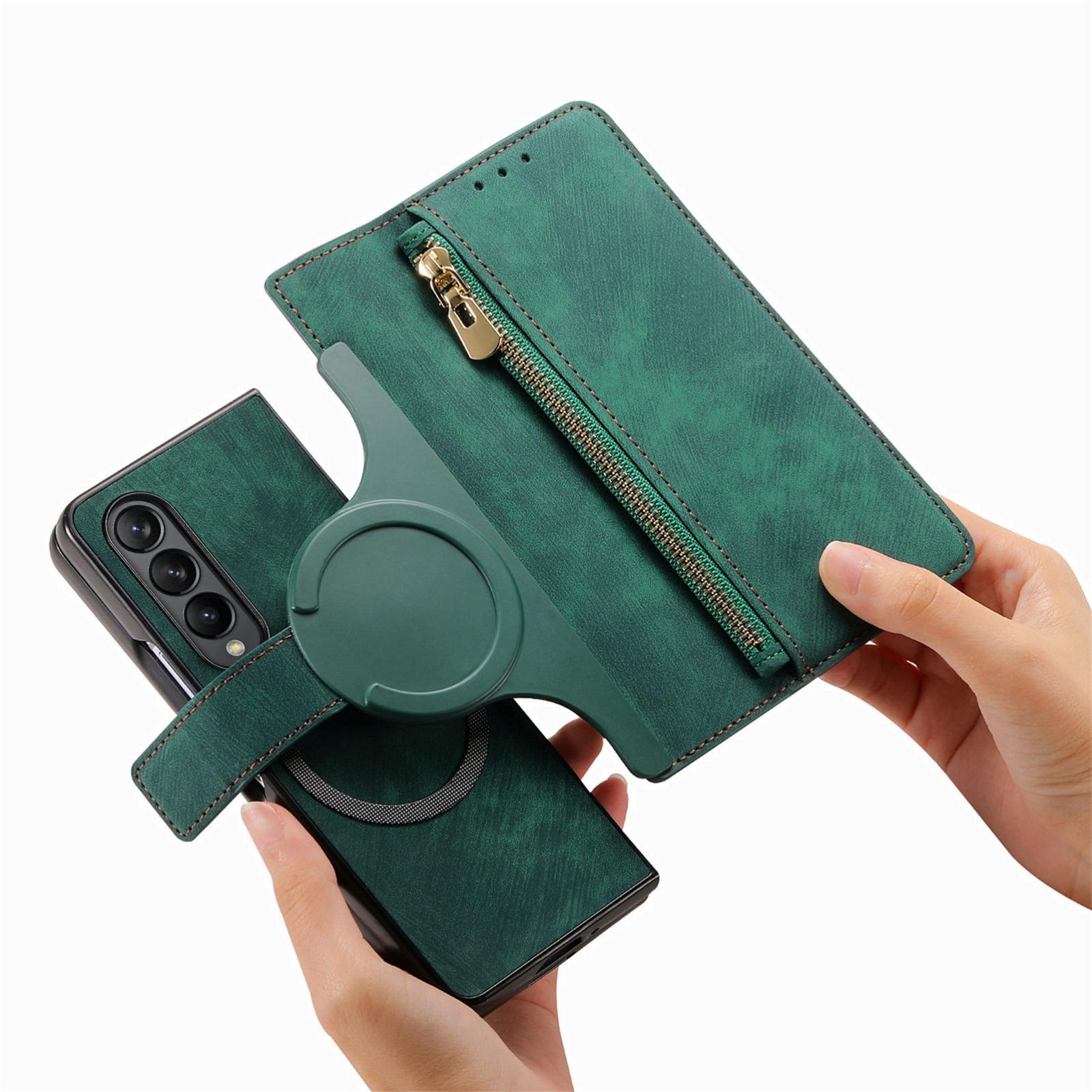 For Samsung Galaxy Z Fold4 5G Vintage Magnetic Wallet Case - Zipper Closure - Brown