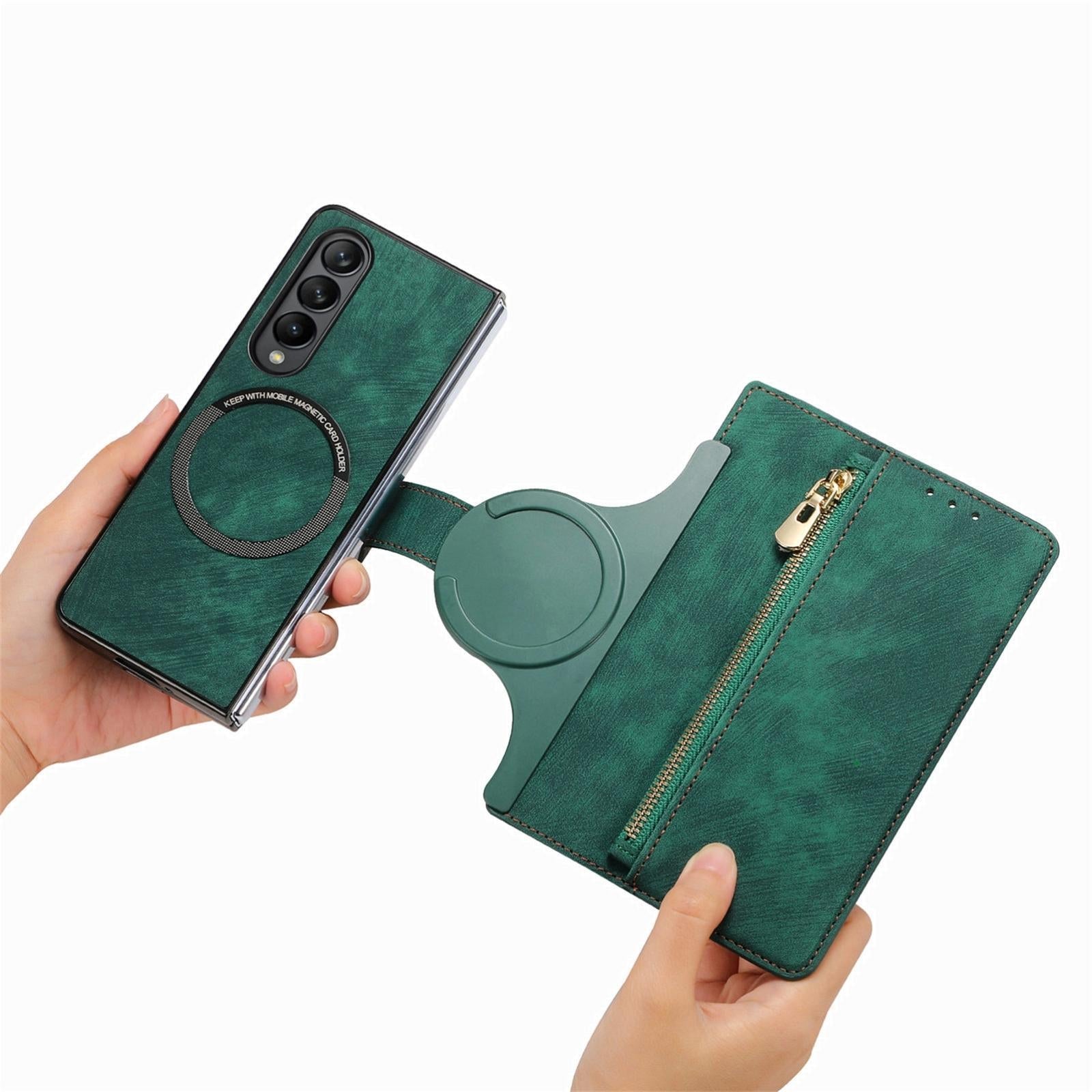 For Samsung Galaxy Z Fold4 5G Vintage Magnetic Wallet Case - Zipper Closure - Brown