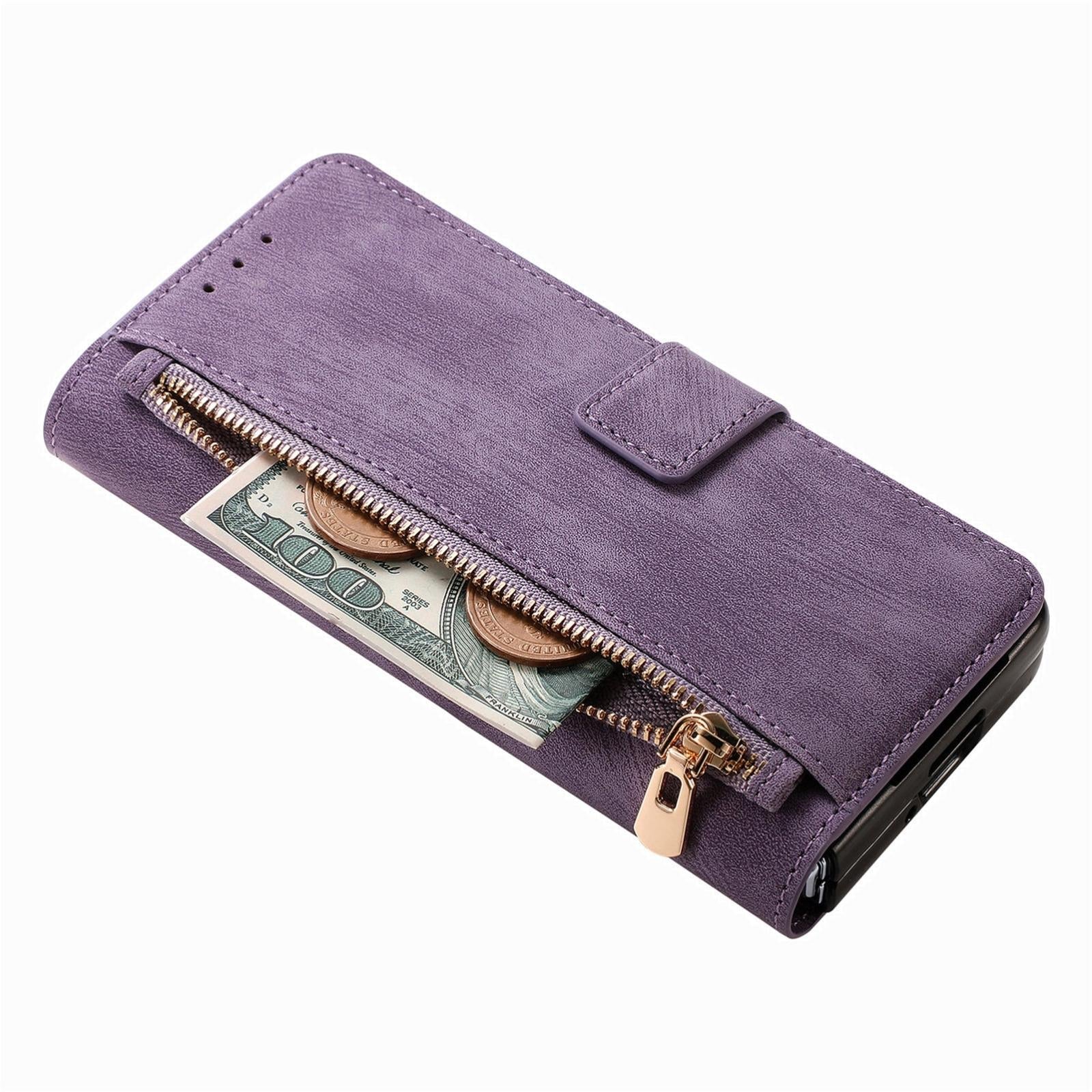 For Samsung Galaxy Z Fold4 5G Vintage Magnetic Wallet Case - Zipper Closure - Brown