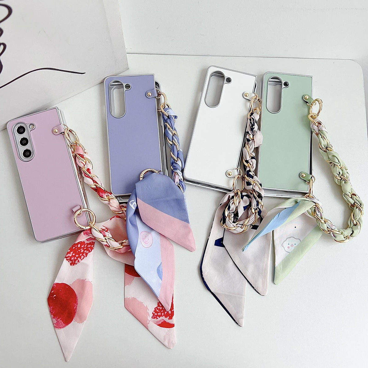 For Samsung Galaxy Z Fold4 5G Leather Phone Case With Metallic Paint And Scarf Bracelet - White