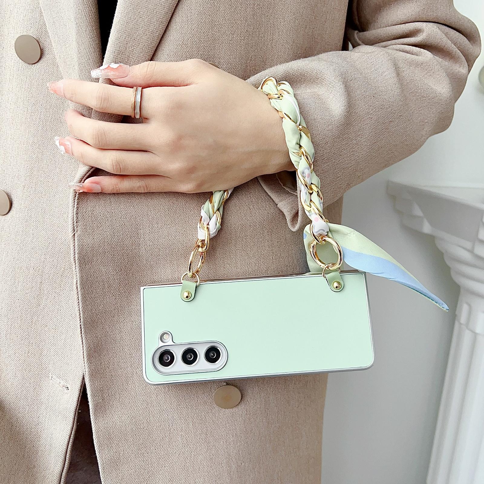 For Samsung Galaxy Z Fold4 5G Leather Phone Case With Metallic Paint And Scarf Bracelet - White