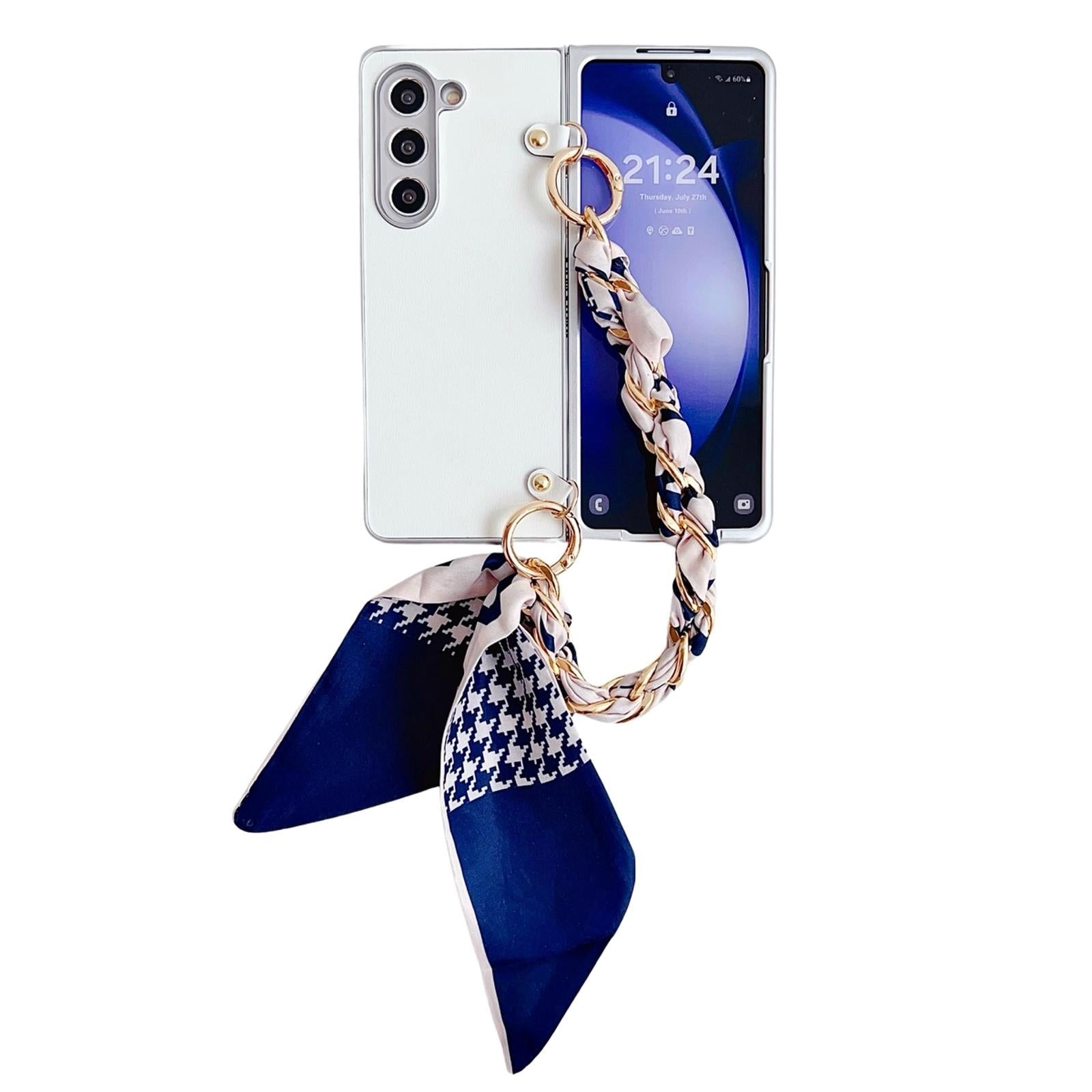 For Samsung Galaxy Z Fold4 5G Leather Phone Case With Metallic Paint And Scarf Bracelet - White