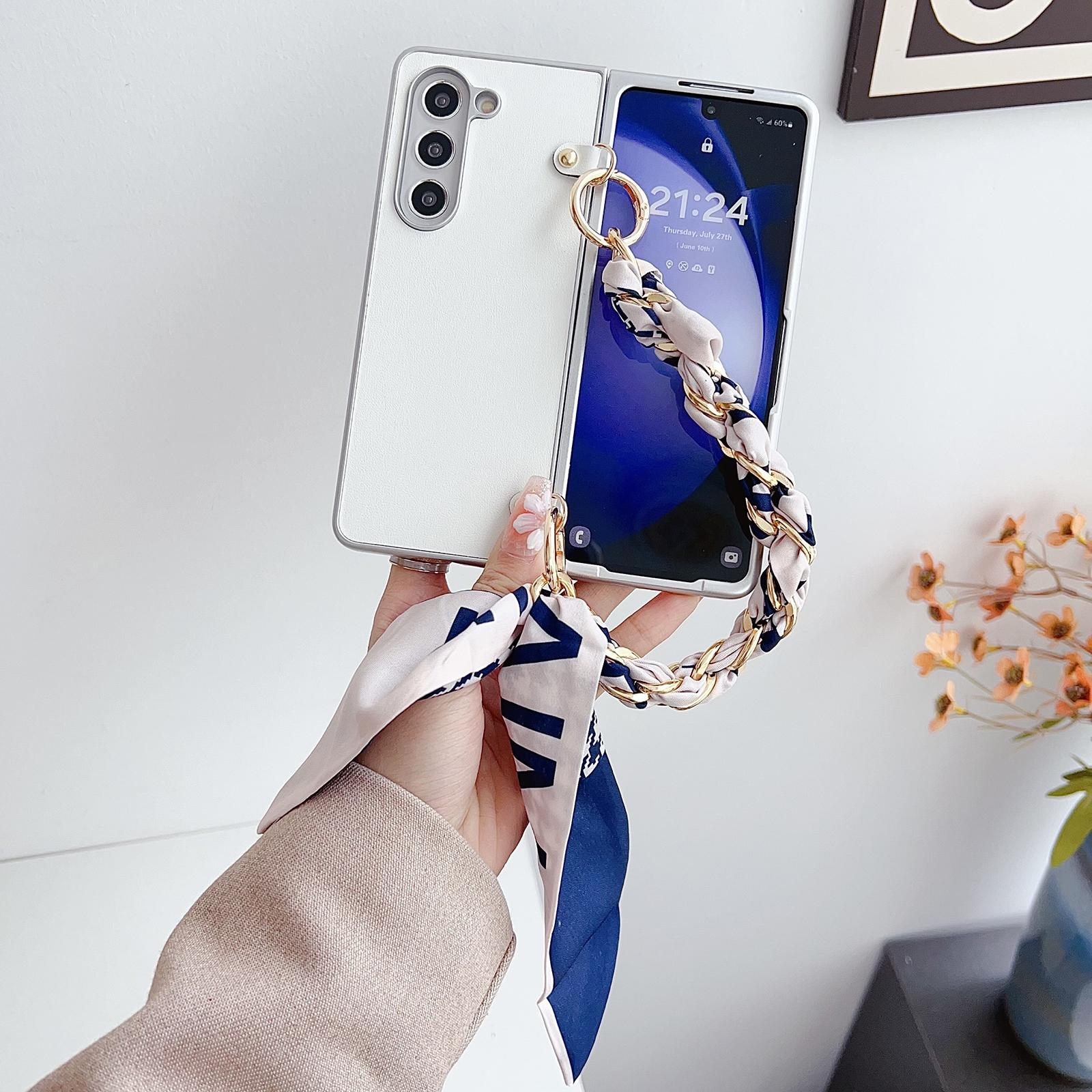 For Samsung Galaxy Z Fold4 5G Leather Phone Case With Metallic Paint And Scarf Bracelet - White