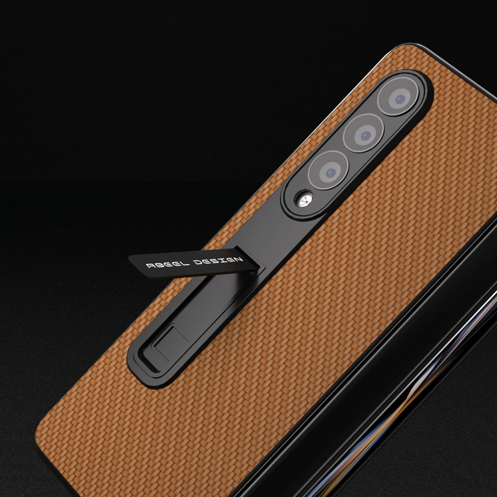 For Samsung Galaxy Z Fold4 5G Carbon Fiber Phone Case With Holder - Dark Brown